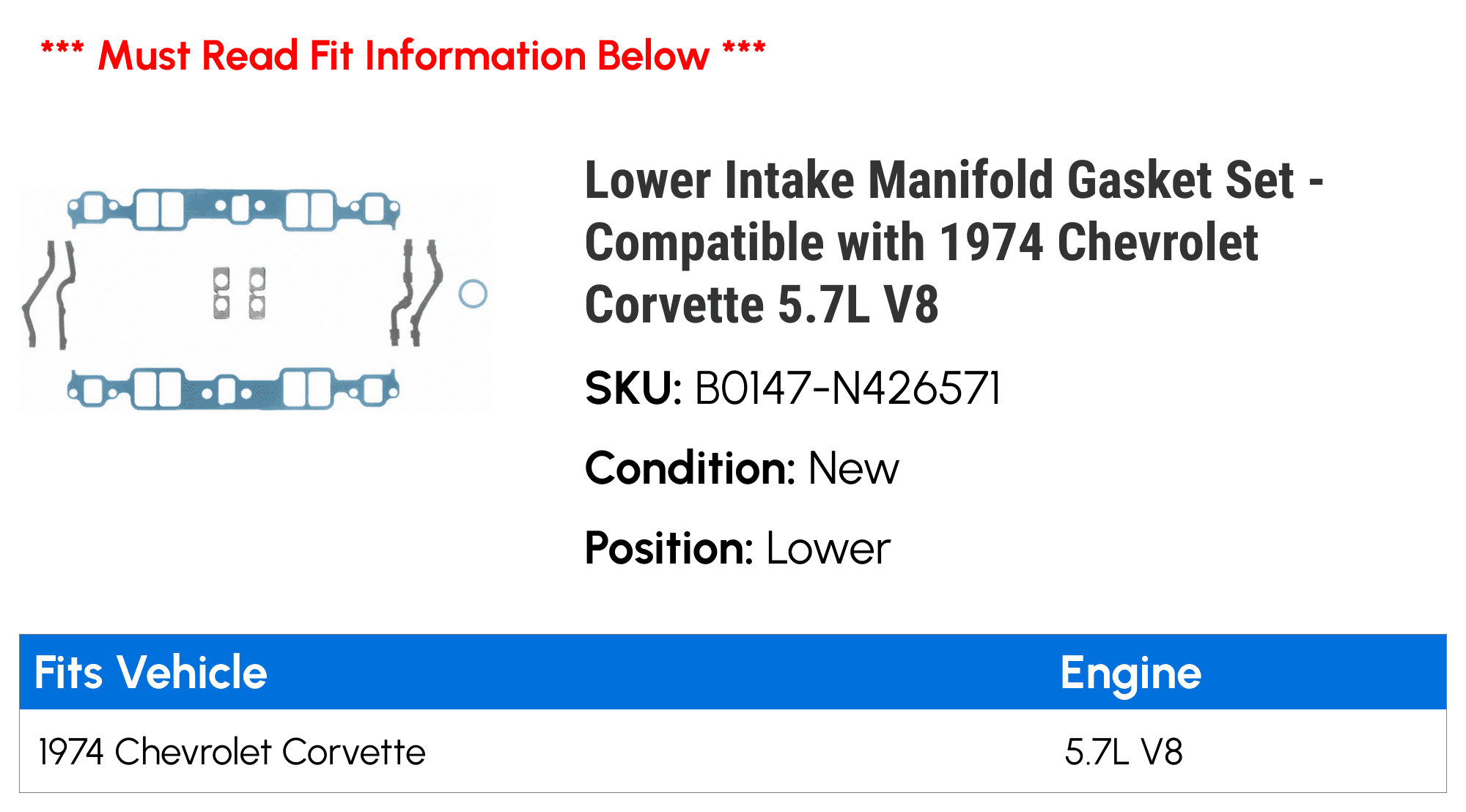 Lower Intake Manifold Gasket Set - Compatible with 1974 Chevy Corvette 5.7L V8