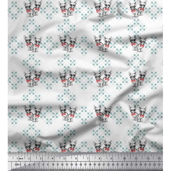 Soimoi Silk Fabric Floral,Bow & Chihuahua Dog Print Sewing Fabric Yard 42 Inch Wide