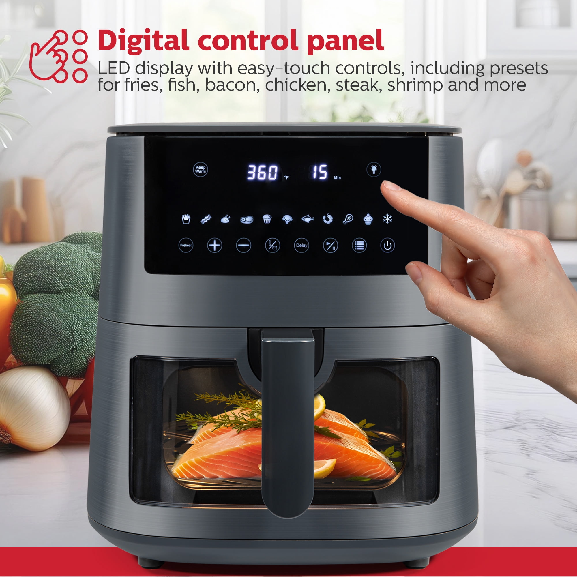 Holstein Housewares 7.6QT Digital Air Fryer with viewing window and led display with 7 preset options. Fry, bake, grill, dehydrate, and roast healthier recipes. Dishwasher Safe