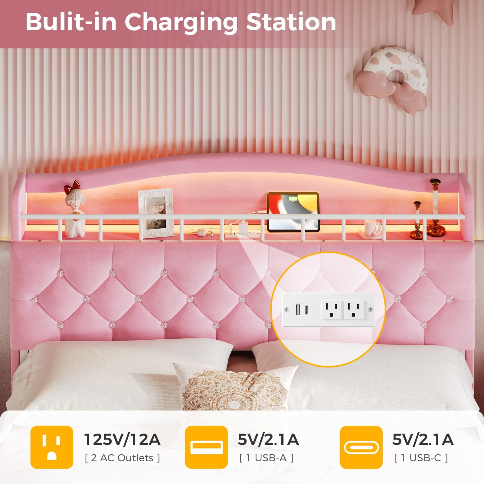 Afuhokles Full Size Bed with LED Lights and Charging Station, Upholstered Bed Frame with Hidden Storage Headborad, Sturdy Platform Bed, Pink