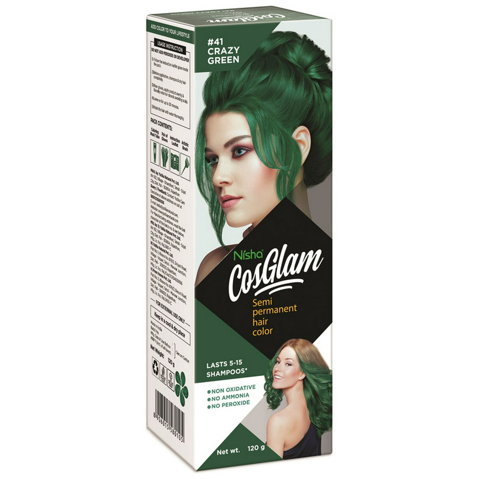 Nisha Cosglam Semi Permanent Hair Color Crazy Green, Non-Oxidative