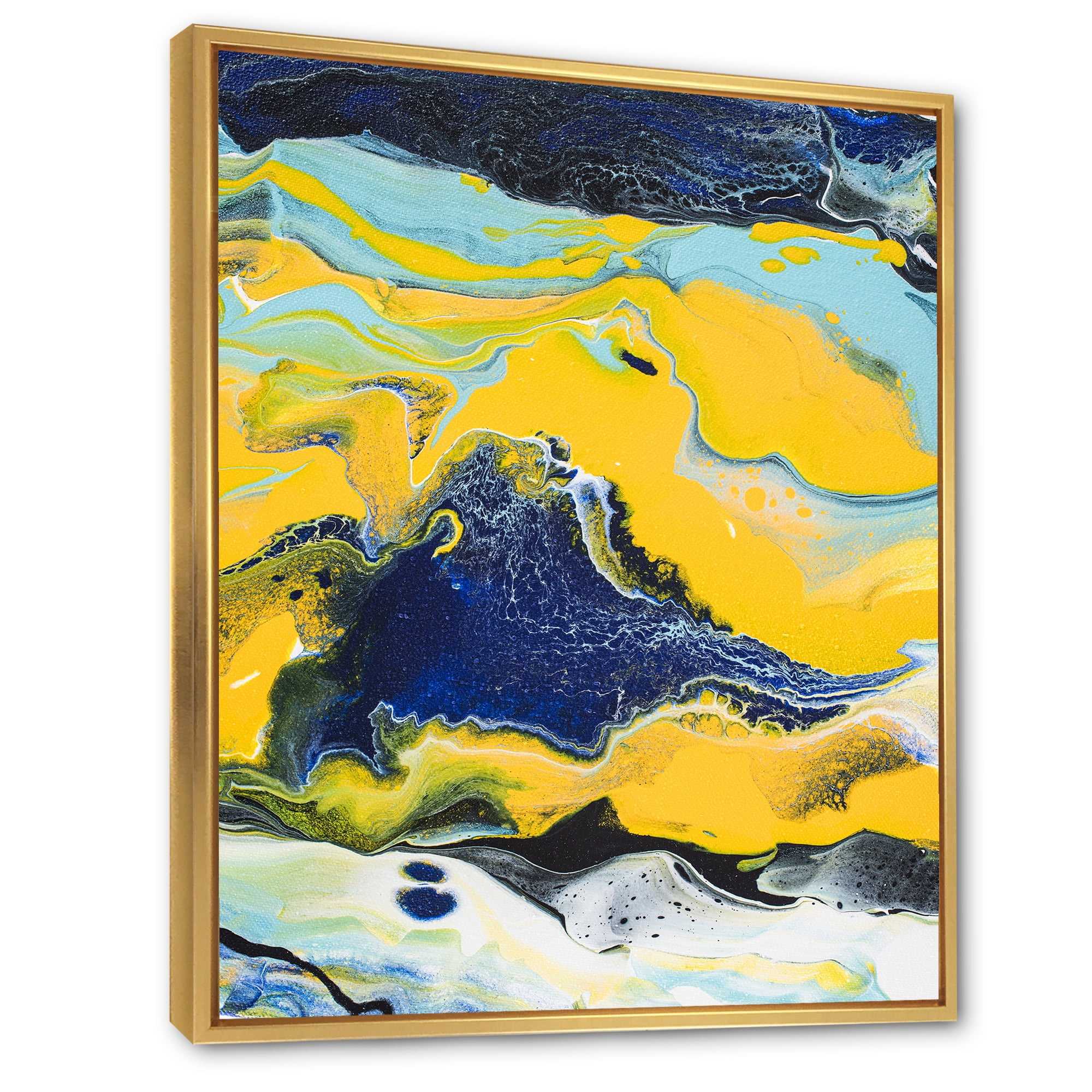 Designart 'Abstract Marble Composition In Blue and Yellow I' Modern Framed Canvas Wall Art Print