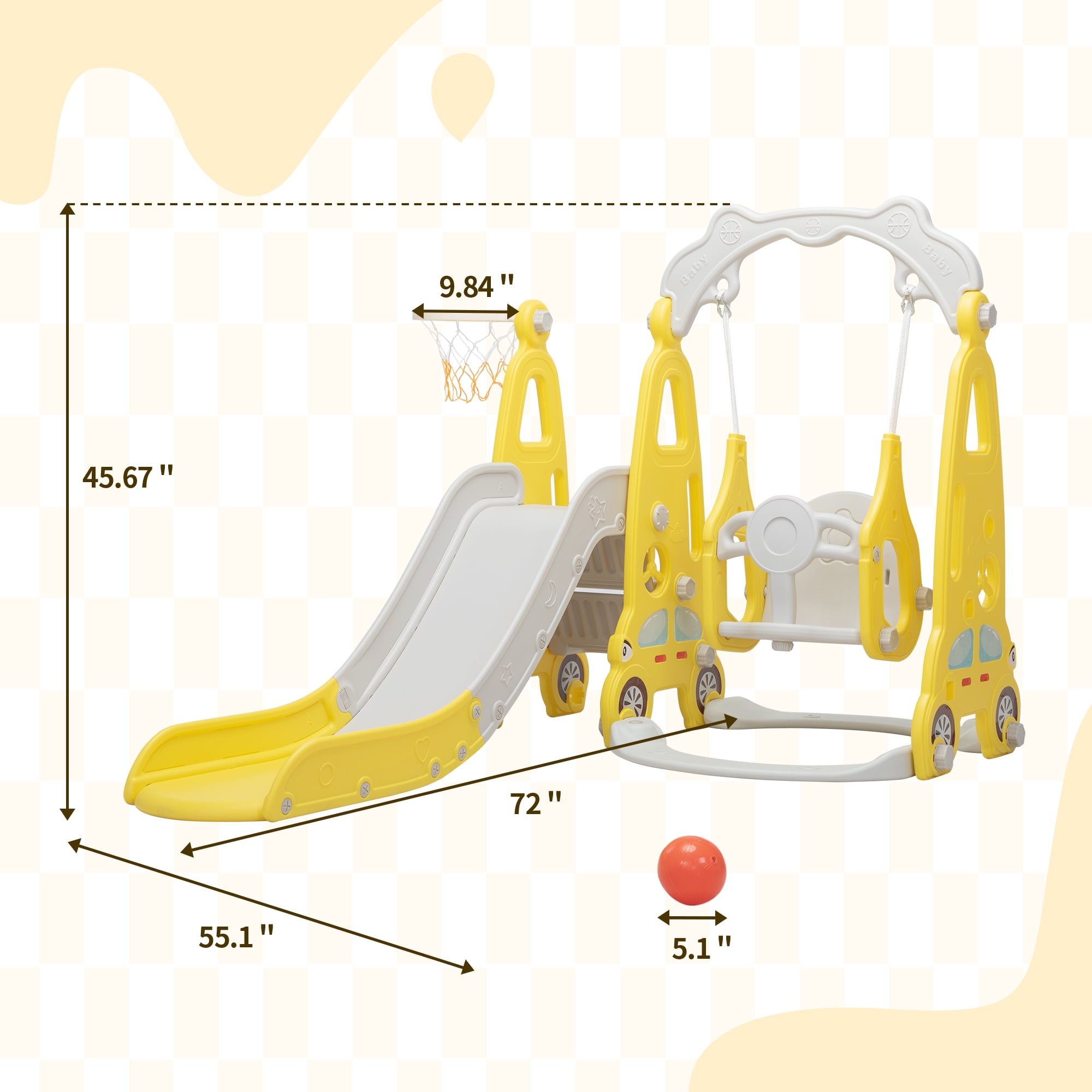 TOBBI 4 in 1 Toddler Climber and Swing Set, Play Climber Freestanding Slides Playset for Kids, Indoor Outdoor Playground Toy with Basketball Hoop & Ball Yellow