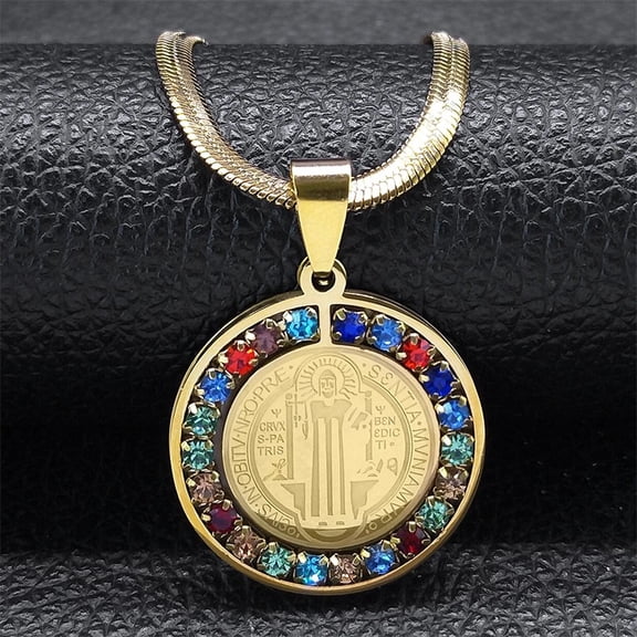 Saint Benedict Medal Pendant Necklace for Women Men 14K Yellow Gold San Benito Snake Chain Religious Jewelry