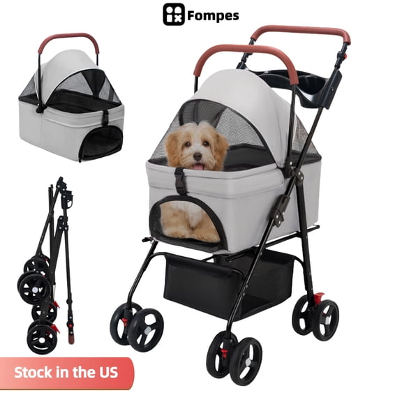 Fompes 4 Wheels Pet Stroller, Easy-Fold Puppy Cage Jogger Stroller with Sun Cover and Storage Space, Breathable and Visible Mesh for Small/Medium Pets, Grey