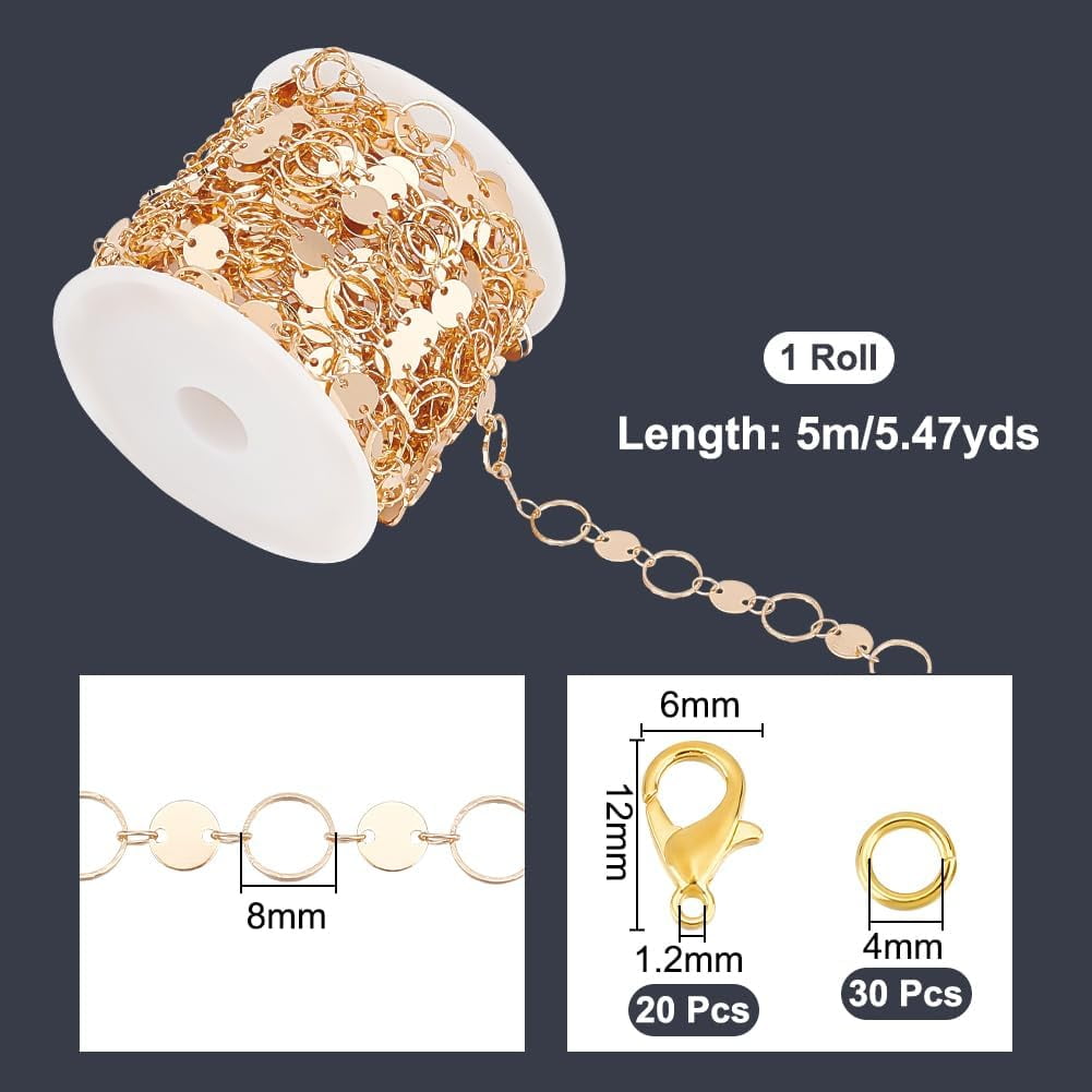 16.40 Feet/5m Golden Brass Jewelry Chain Flat Round and Ring Links Cable Chain with Lobster Clasps and Jump Rings for Necklace Bracelet Anklet Jewelry Making