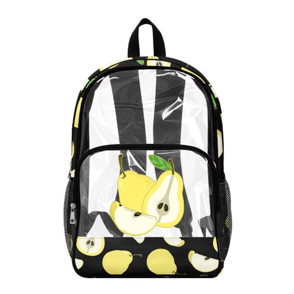 ZIATUBLES Clear Backpack, Heavy Duty Fabric & PVC Transparent Bookbag with Pear Print, Large Capacity See Through Backpack for School College Work Travel Security