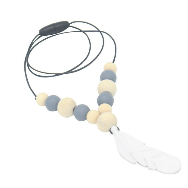 Collar de dentición de juguete para masticar con colgante de pluma de lactancia, mordedor de silicona para bebé (gris)