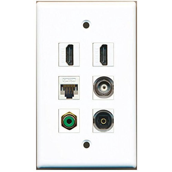 RiteAV - 2 HDMI 1 Port RCA Green 1 Port Toslink 1 Port BNC 1 Port Cat5e Ethernet White Wall Plate