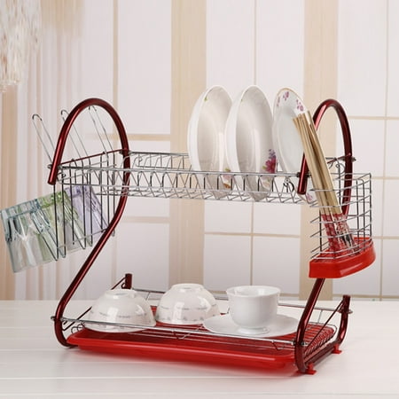 Red Dish Rack 2 Level Dish Cup Drying Rack Drainer Organizer Holds up to 17 plates or bowls ,Stainless Steel ()