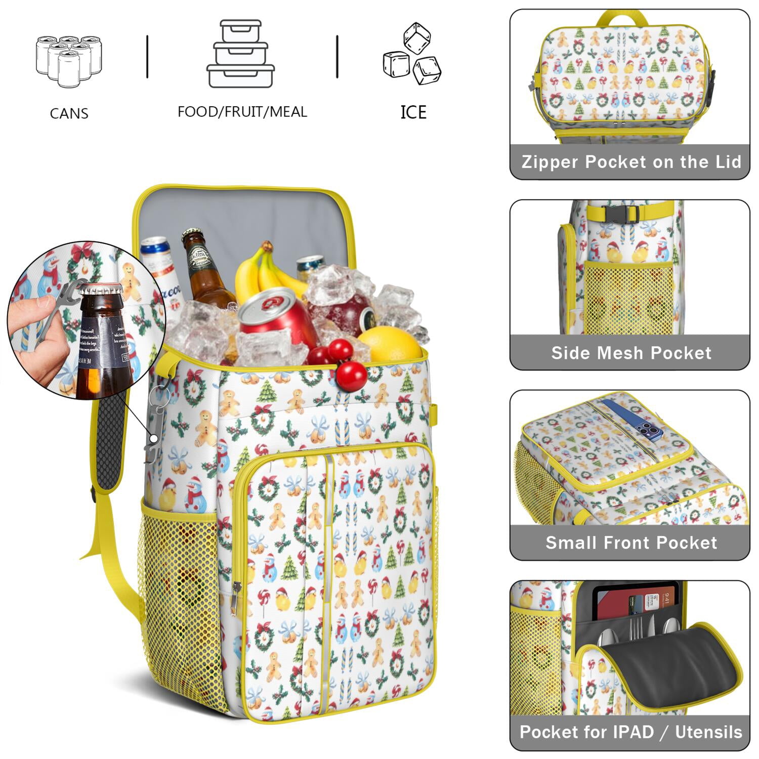 Travel Cooler Bag - Multicolor Christmas Pattern Camping Beer Cooler Backpack with Bottle Opener- Waterproof Insulated Picnic Backpacks - Cooler Bag for Beach