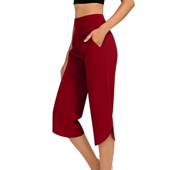 hlysgo Capri Pants for Women High Waist Wide Leg Yoga Capris with Pockets Stretchy Loose Fit Casual Lounge Workout Pant Red,XL