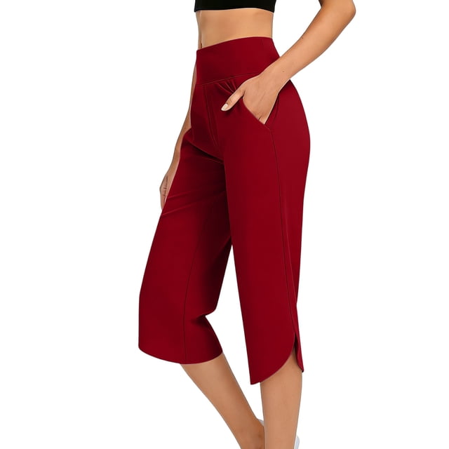 aidice Womens Tennis Capris Elastic High Waited Breathable Split Hem Summer Workout Capri Pants with Pockets