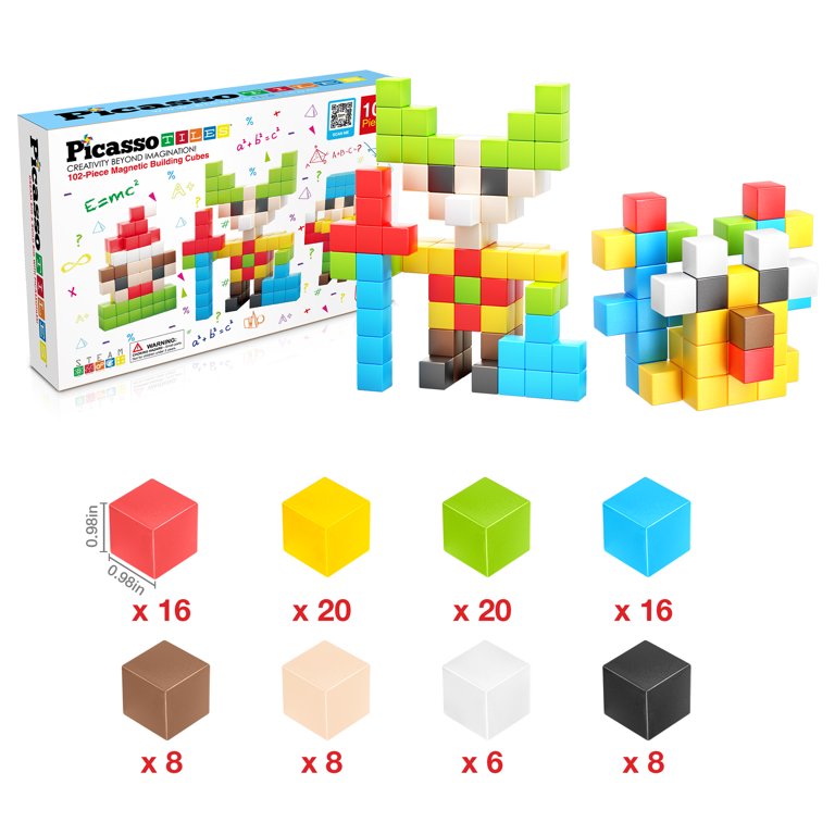 PicassoTiles 0.5 Pixel Magnetic Puzzle Cube 100 Piece Mix & Match Cubes Sensory Toys STEAM Education Learning Building Block Magnets Children