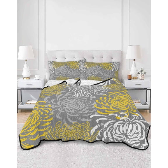 Quilts Queen Size, Yellow Gray Floral Soft Comforter Bedding Set for Bed, Farmhouse Retro Abstract Flowers Art Lightweight Quilted Bedspread with Pillow Cover(2 Pieces) for All Season, 90x96 Inch