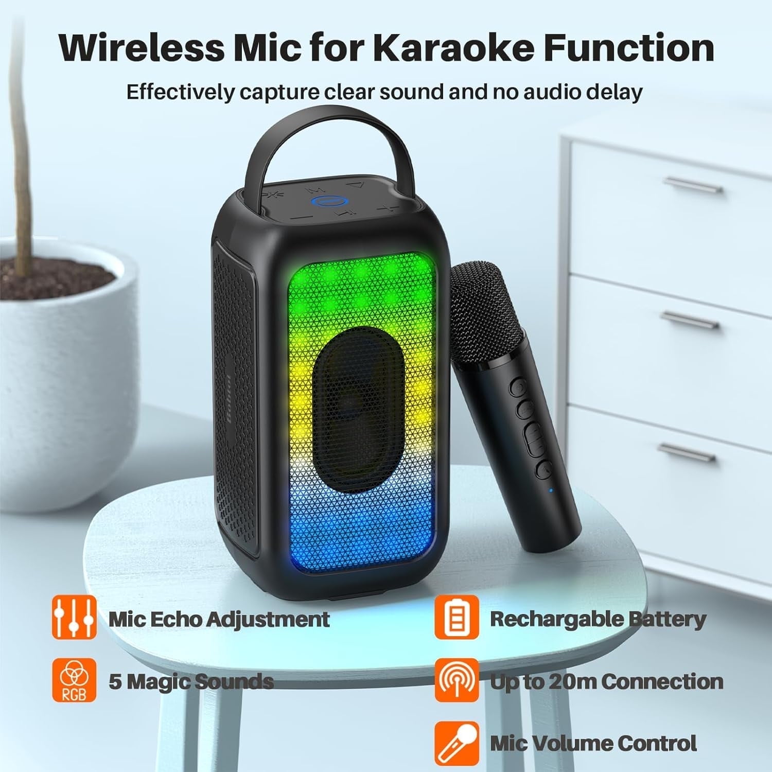 Karaoke Machine for Kids Portable Bluetooth Speaker with Wireless Microphones 5 Magic Voice Home Party Karaoke Speaker with Colorful RGB Lights Gifts for Girls Boys Black