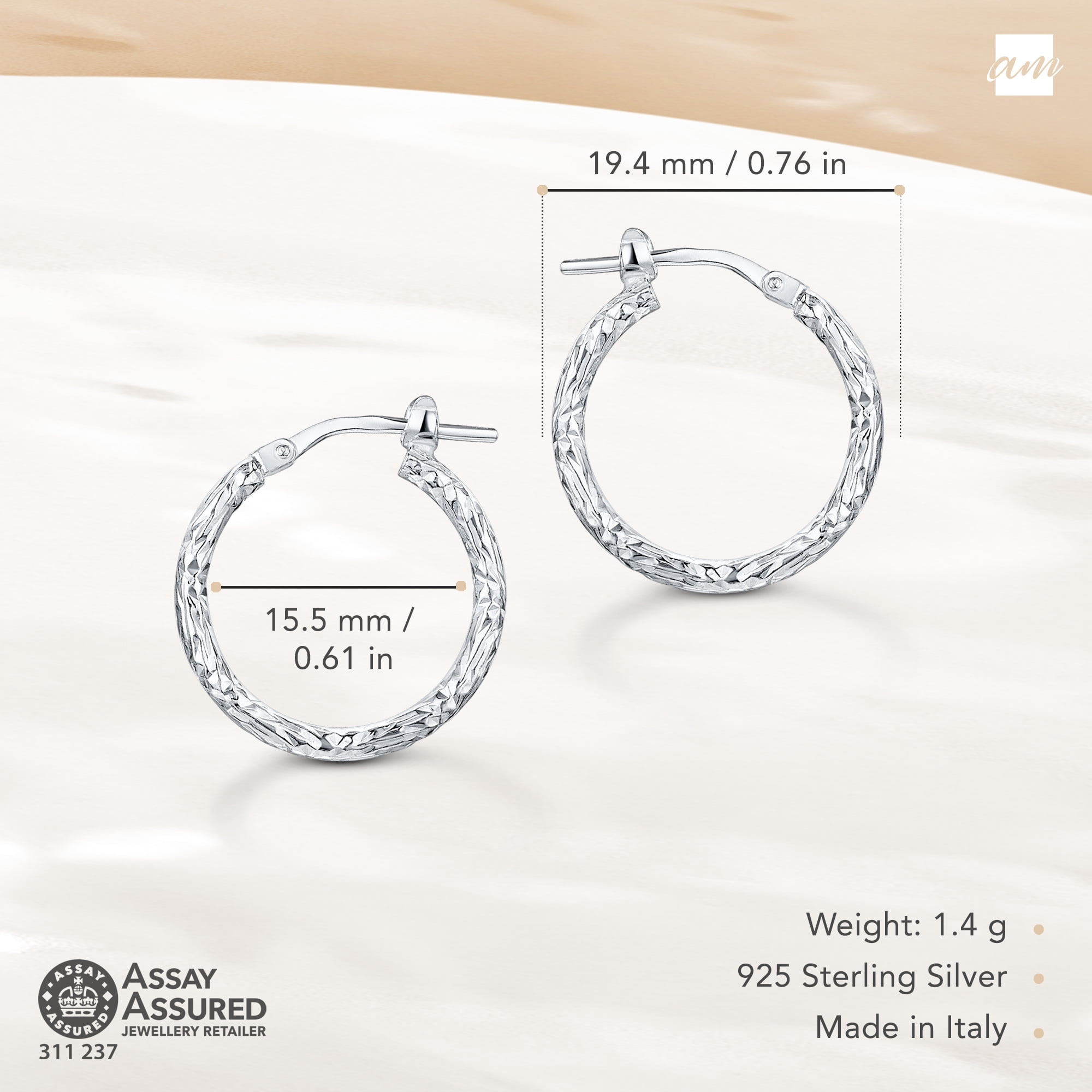 Amberta Italian 925 Sterling Silver Twisted Hoop Earrings for Women: Textured Hoop Earrings 19 mm