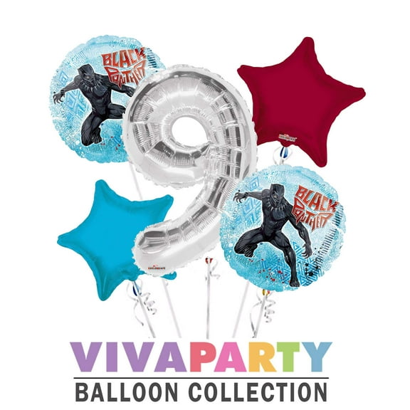 Black Panther Round Balloon Bouquet 5 pc, 9th Birthday, Silver Number 9 Jumbo Balloon | Viva Party Balloon Collection