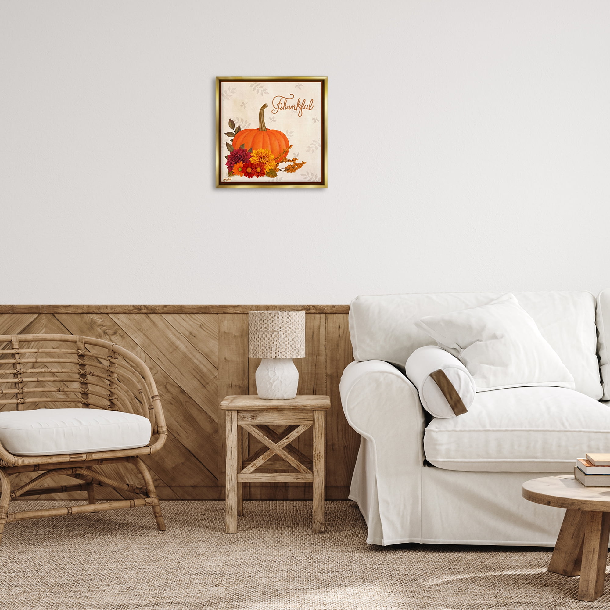 Stupell Industries Thankful Pumpkin & Florals Holiday Painting Gold Floater Framed Canvas Art Prints Wall Art, 18 x 18