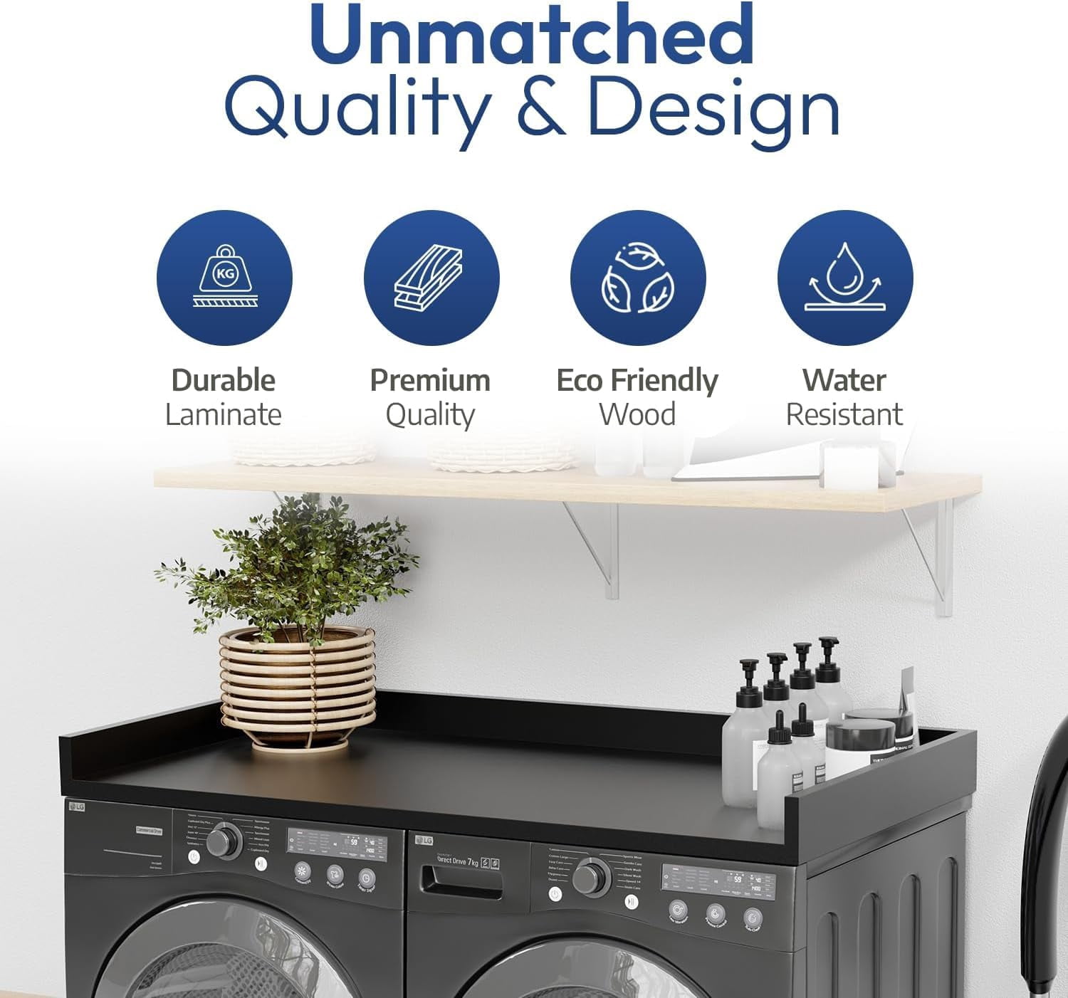 OfficeSimpli Washer Dryer Countertop w Non-Slip Pads, Made in USA, Laundry Room Wood Topper, Washer Dryer Cover for Top, Laundry Guard, Laundry Countertop, Laminate Finish, (Black), Large