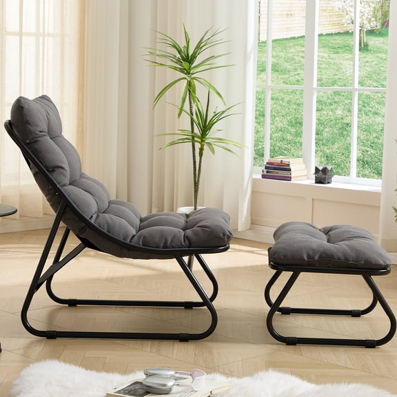 YIYADO Patio Outdoor Lounge Chair with Ottoman, Sling Recliner Chair with Thick Puffy Cushion & Foot Stool, Suitable for Living Room, Bedroom, Reading Room (Black Frame with Grey Cushion)