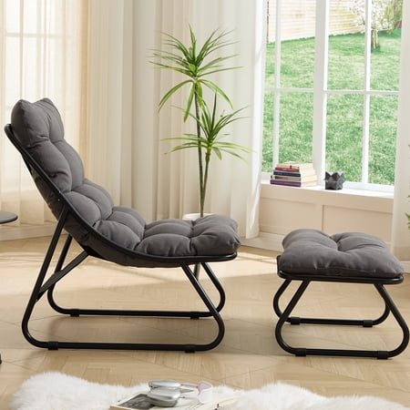 YIYADO Patio Outdoor Lounge Chair with Ottoman Sling Recliner Chair with Thick Puffy Cushion & Foot Stool Suitable for Living Room Bedroom Reading Room (Black Frame with Grey Cushion)
