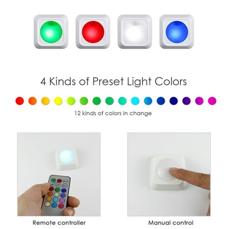 4.5V 1W RGB Color Changing LED Puck Lights 3 Pack Battery Powered Operated with Remote Control Controller Timer Time Setting Timinng Function 12 Colors Changing Wireless Under Cabinet Lighting for