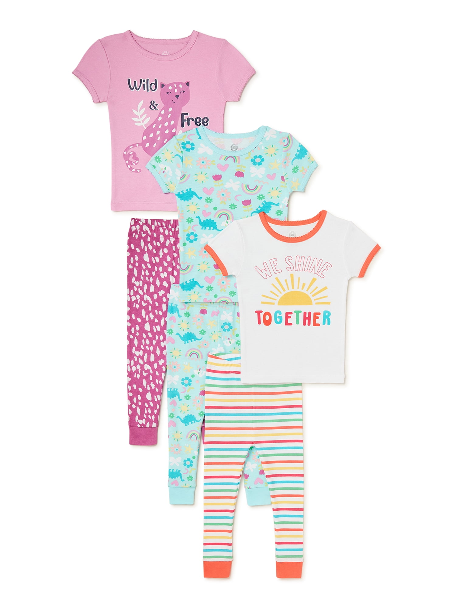 Wonder Nation Baby and Toddler Girl T-Shirt and Pant Pajama Set, 6-Piece, Sizes 12M-5T