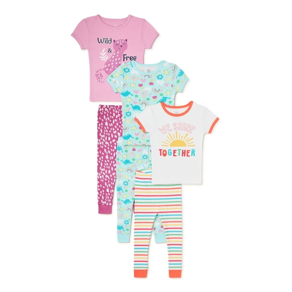 Wonder Nation Baby and Toddler Girl T-Shirt and Pant Pajama Set, 6-Piece, Sizes 12M-5T
