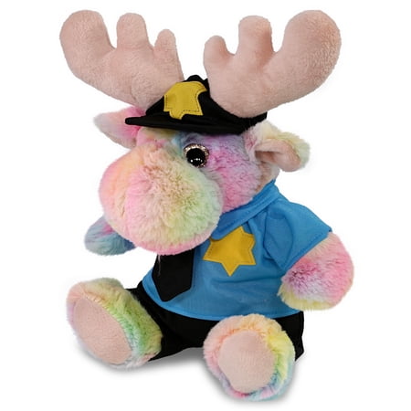 DolliBu Rainbow Moose Police Officer Plush Toy &ndash; Super Soft Moose Cop Stuffed Animal Dress Up Cop Uniform and Cap Outfit Fluffy Policeman Moose Toy Plush Gift for Kids &ndash; 9 Inches
