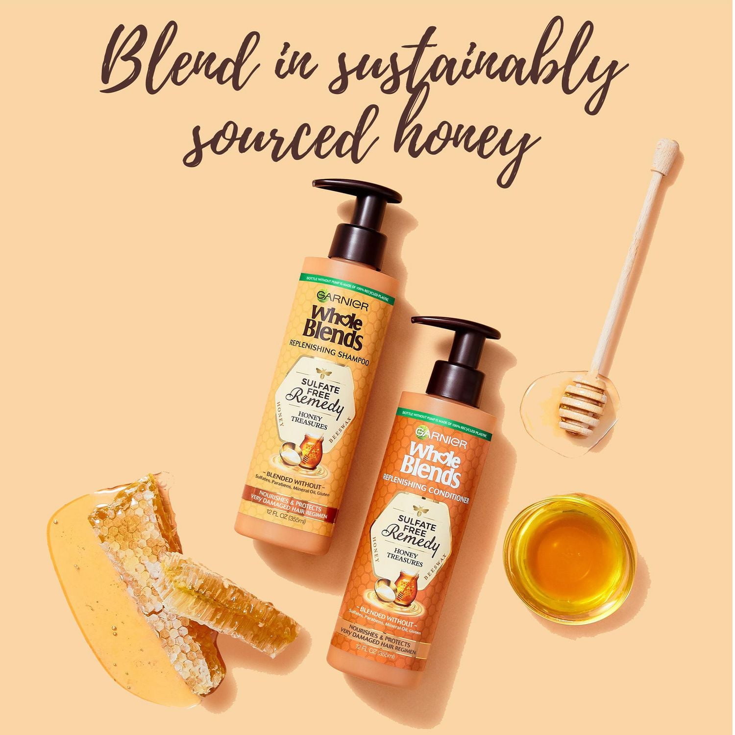 Garnier Whole Blends Sulfate Free Conditioner, For Damaged Hair, Up To 72 Hours of Deep Care, Honey Treasures, 355ml