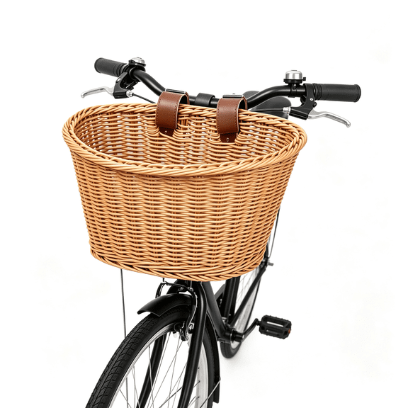 LADYGYM Bicycle Basket,Front Handlebar Bike Basket,Rattan Storage Basket Waterproof,Vintage Wicker,With Tan Leather Straps,Classic Bike Basket Front,Brown,11 * 8.5 * 8"Es