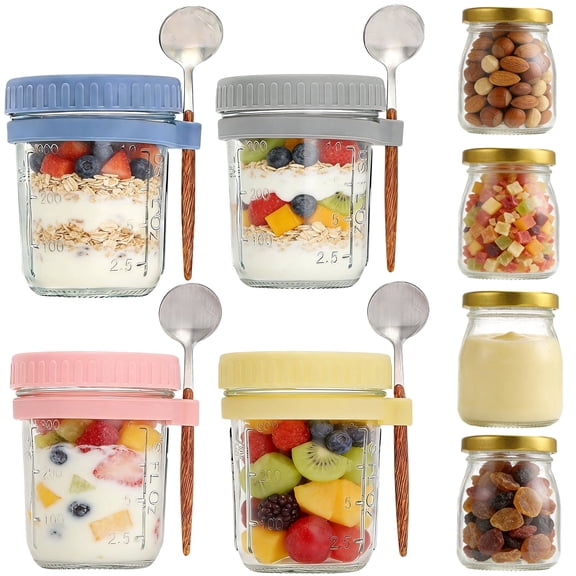 Yalumo Overnight Oats Containers with Lids, 8 Pack (16oz & 12oz) Glass Salad Jars with Spoons, Airtight Meal Prep Jars for Yogurt, Chia Pudding, Oatmeal, Cereal, Salad