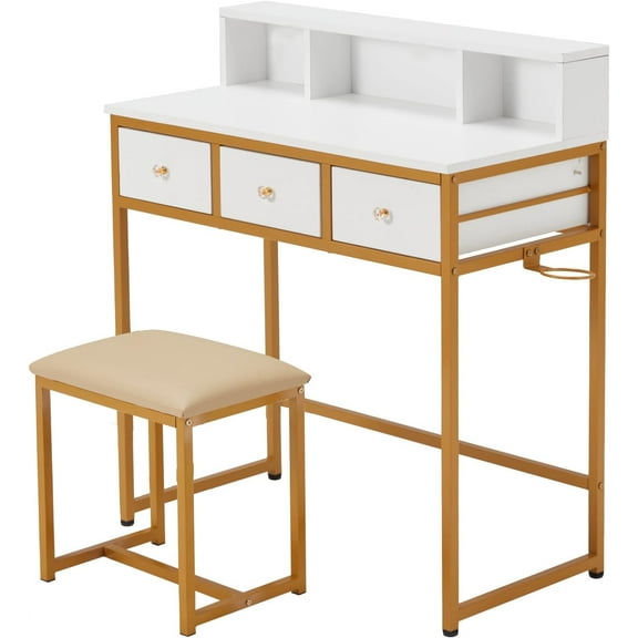 32" Small PC Desk with PU Leather Stool, Vanity Dressing Table with 3 Open Shelves and Drawers, Work Writing Desks for Corner Bedroom Home Office, White/Gold