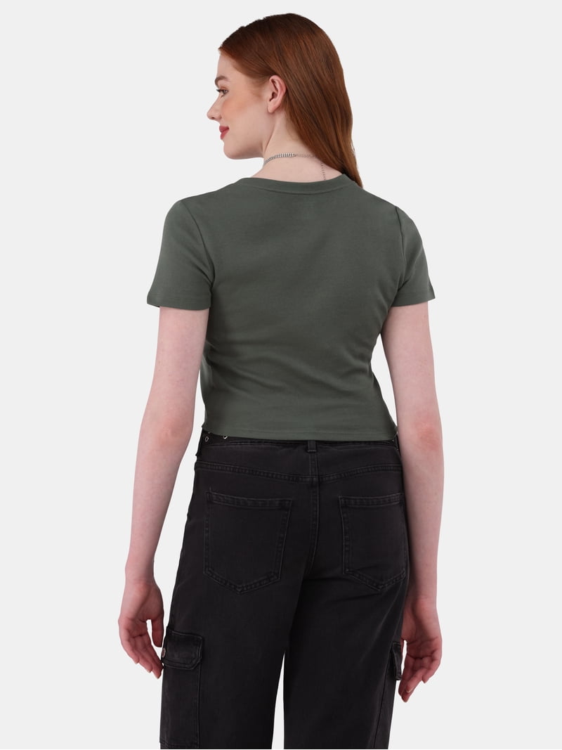 No Boundaries Women's Cropped Ribbed Scoop Neck T-Shirt, Cotton