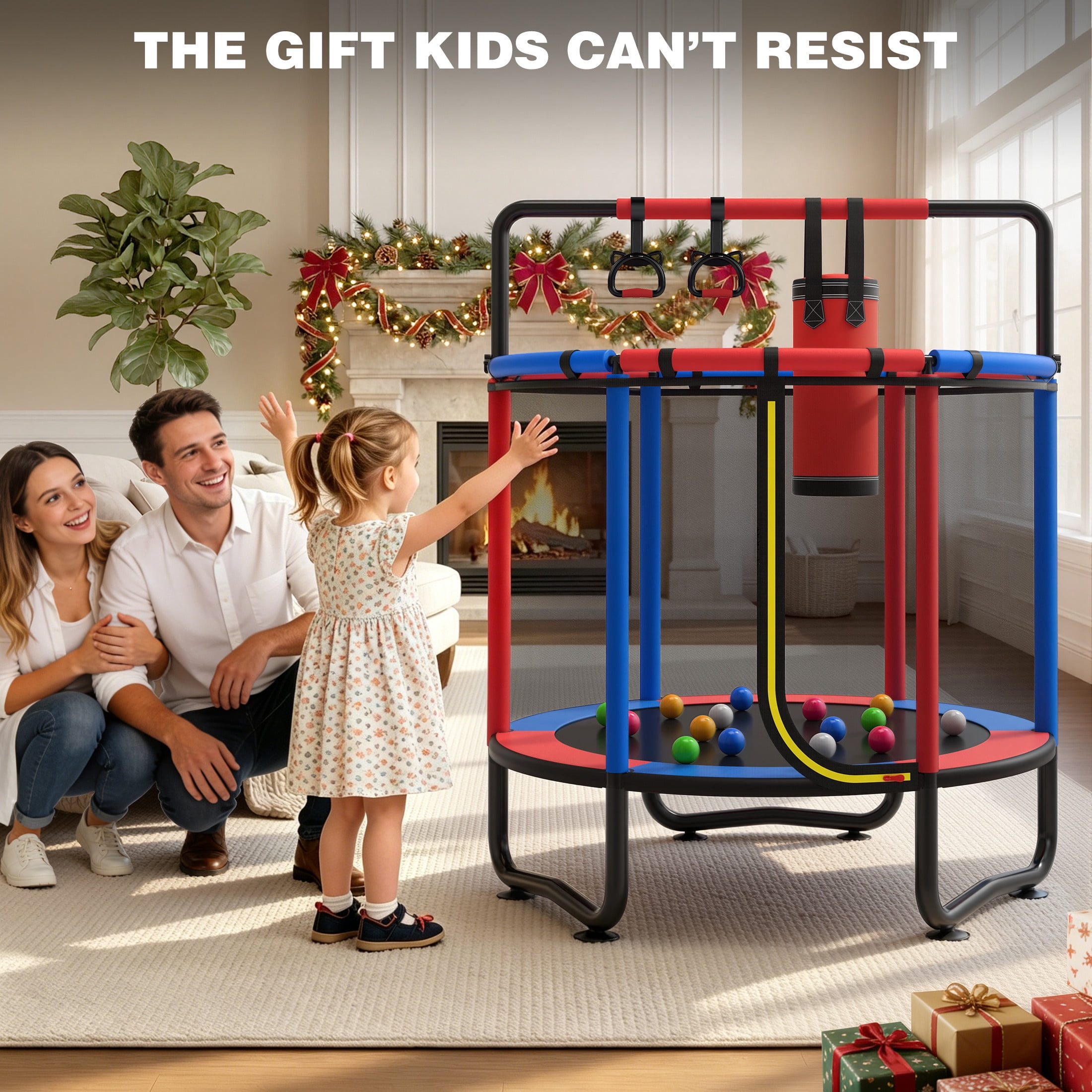 55" Toddler Trampoline, Activity Center with Gym Bar, Punching Bag, Rings, Ball Pit, Kids Trampoline, Indoor Toddler Play Gym, Mini Trampoline for Ages 3–6, 110lbs Weight Capacity, Blue