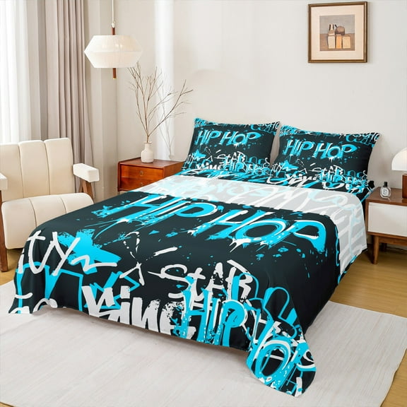 Feelyou Hip Hop Music Twin Sheet Sets for Child, Black Blue Graffiti Twin Fitted Sheet, Street Artwork Flat Sheet, Microfiber Bedroom Decor, 3 Pieces