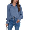 thumbnail image 2 of Defitshape Women's Long Sleeve Top Button Down Shirt Fashion Casual Fall Long Puff Sleeve Chiffon Soft Bishop Sleeve Blouse Grey Blue XX-Large, 2 of 4