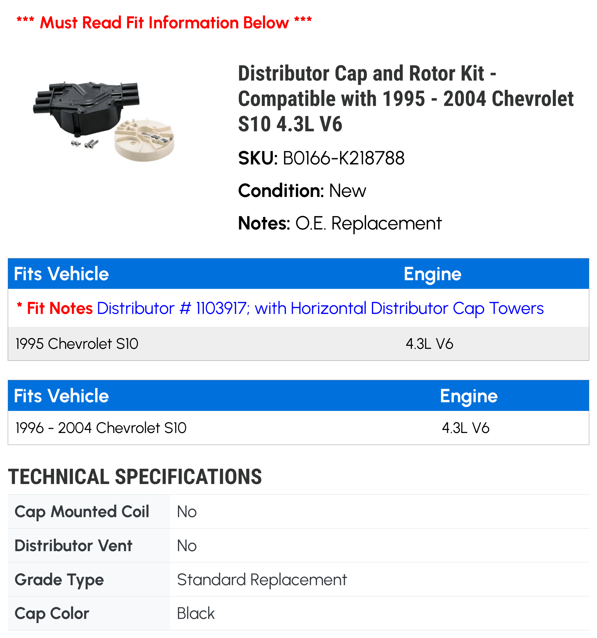Distributor Cap and Rotor Kit - Compatible with 1995 - 2004 Chevy S10 4.3L V6 1996 1997 1998 1999 2000 2001 2002 2003