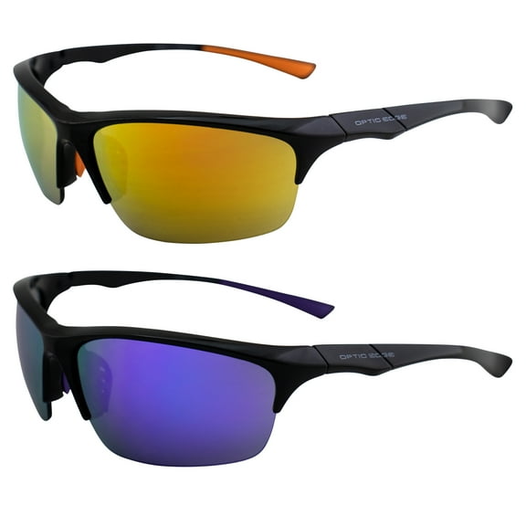 Optic Edge Shakedown Sports & Motorcycle Sunglasses 2 Pairs Wraparound Black Semi-Rimless Frames w/Dielectric Orange & Purple Mirror Lenses