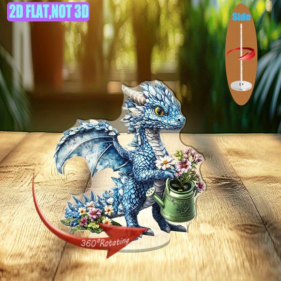 Rotating acrylic decor featuring a blue dragon with a watering can, watering colorful flowers in a hyper-realistic style, perfect for any vibrant space