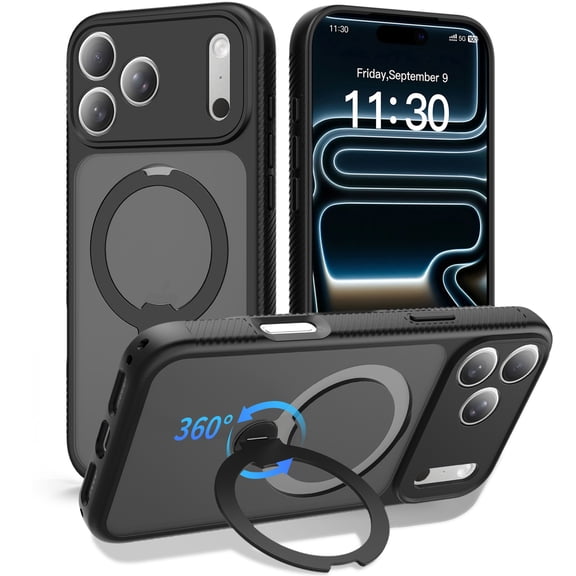 For Apple iPhone 18 Pro / iPhone 17 Pro Magnetic Case, 360° Rotating Ring Kickstand, MagSafe Compatible, Heavy Duty Shockproof Protection, Matte Black