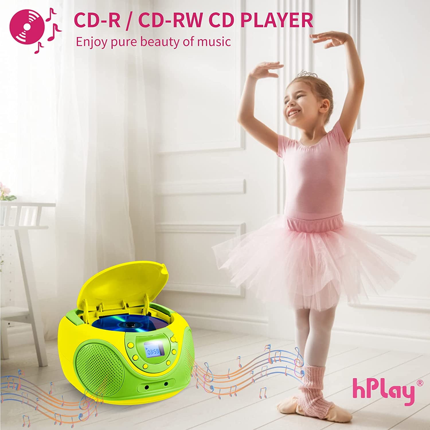 hPlay P16 Portable CD Player Boombox AM FM Digital Tuning Radio, Aux Line-in, Headphone Jack, (Lime)