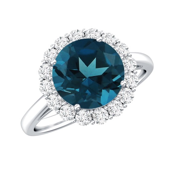 Rosec Jewels Classic London Blue Topaz Diamond Engagement Ring - 2 Carat Topaz Ring - AAA Grade Certified - with Jewelry Box, 925 Sterling Silver, US 4.00