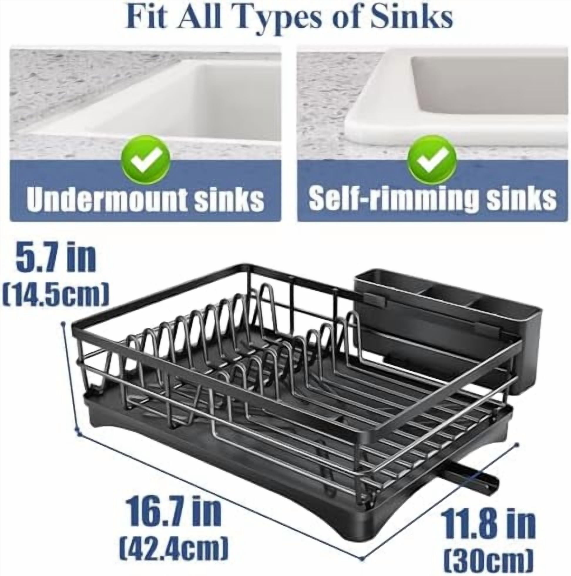 Dish Drying Rack for Kitchen Counter - Large Dish Rack with Drainboard, Rustproof Dish Drainer with Utensil Holder for Sink, Black