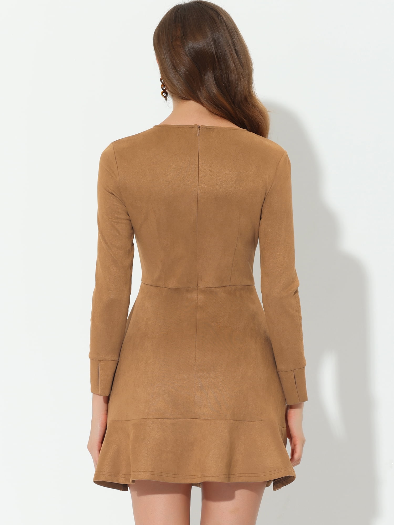 Unique Bargains Women's Faux Suede Ruffle Hem Long Sleeve Mini Dresses XS Brown