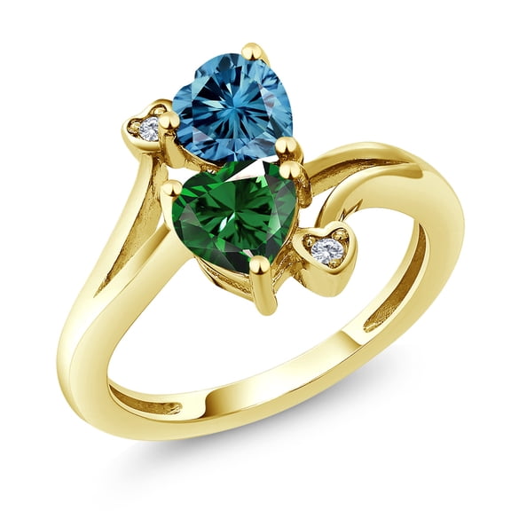 Gem Stone King 10K Yellow Gold Diamond Accent Ring Persian Blue Moissanite Nano Emerald (1.53 Cttw)