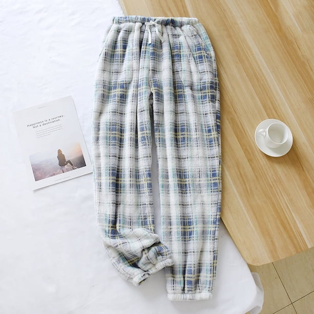Pantalones de pijama de franela de invierno para hombres y mujeres, pantalones cálidos de polar coral grueso a cuadros con cuello alto para parejas, pantalones de casa con bolsillo