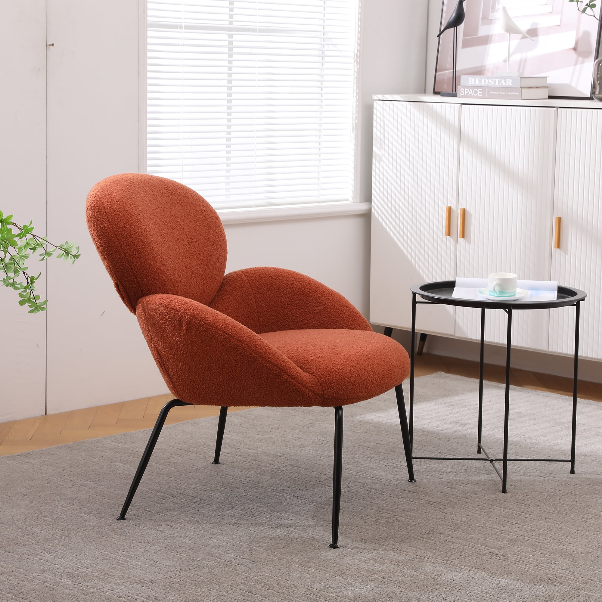 Kadyn Modern Sherpa Armchair with Black Metal Legs, Comfy and Soft Chairs for Bedroom, Orange