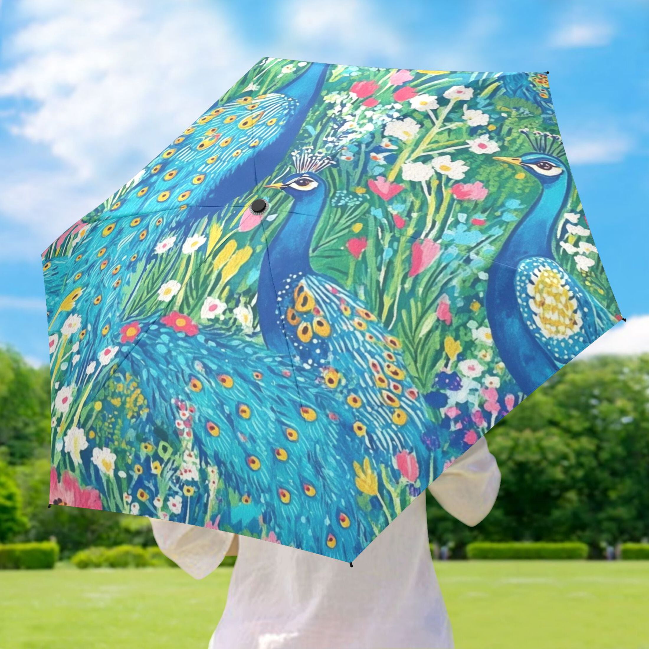 Regal Peacocks Umbrellas for Sun Auto Open Close UV50+ Waterproof 5-Fold Compact Fiberglass Frame